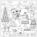 Vector black and white wedding scene with cute just married couple. Marriage line ceremony landscape coloring page with bride and