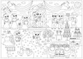 Vector black and white wedding scene. Cute line marriage ceremony illustration or coloring page with just married couple in the Royalty Free Stock Photo