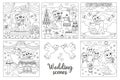 Vector black and white wedding scenes set. Cute line just married couple. Marriage ceremony landscapes coloring pages with bride Royalty Free Stock Photo