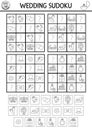 Vector black and white wedding sudoku puzzle for kids. Simple marriage ceremony quiz with cut and glue elements. Education