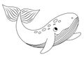 Vector black and white whale icon. Under the sea line illustration with cute funny fish. Ocean animal clipart. Cartoon underwater