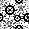 Vector black and white wheels repeat seamless pattern with stars and circles on white background