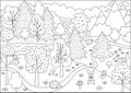 Vector black and white wild forest scene with trees, mountains, animals, birds. Spring or summer line woodland scenery with