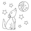 Vector black and white wolf howling at the moon. Funny outline night scene with woodland animal. Cute forest line illustration or