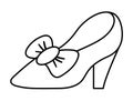 Vector black and white woman slipper with hill and bow icon. Fairytale line shoe illustration isolated on white background.