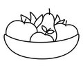 Vector black and white wooden bowl with apples, pears, leaves. Autumn garden outline clipart. Funny fruit plate illustration or