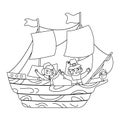 Vector black and white wooden ship with pilgrims isolated on white background. Pilgrim historical boat outline illustration. Royalty Free Stock Photo