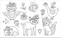 Vector black and white woodland animals, insects and birds collection. Boho line forest set. Bohemian fox, owl, bear, deer,