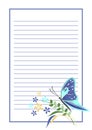 Vector blank for letter or greeting card. Blue form with frame, lines, butterfly and flowers. A4 format Royalty Free Stock Photo