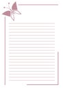 Vector blank for letter or greeting card. Pink simple form with frame, lines and butterfly. Royalty Free Stock Photo