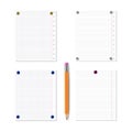 Vector Blank Note Book Pages Pinned by Realistic Pin Buttons, Set with Pencil Isolated. Royalty Free Stock Photo