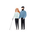 Vector blind character people flat illustration. Adult woman in glasses with cane walking with man isolated on white background.