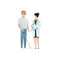 Vector blind character people flat illustration. Doctor in uniform care of patient with glasses and cane isolated on white. Modern Royalty Free Stock Photo