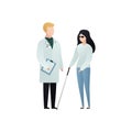 Vector blind character people flat illustration. Doctor in uniform care of patient with glasses and cane isolated on white. Modern