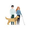 Vector blind character people flat illustration. Pair in glasses with cane walking with guide dog. Modern design element for