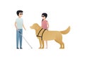 Vector blind character people flat illustration. A pair of kid in glasses with stick and guide dog standing isolated on white.