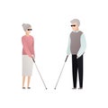 Vector blind character people flat illustration. A pair of senior man and woman in glasses with stick standing isolated on white