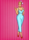 Vector blonde overweight woman on pink striped background, pop art plus size model pointing a finger at discounts, sale