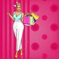 Vector blonde overweight woman after shopping, sales