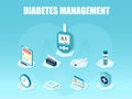 Vector of blood glucose meter, pills, syringe, insulin vial, patient ID card insurance