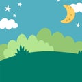 Vector blue abstract background with clouds, stars, half moon, green field, bushes. Magic or fantasy world scene. Cute fairytale Royalty Free Stock Photo