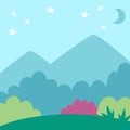 Vector blue abstract background with clouds, stars, half moon, green field, forest, mountains. Magic or fantasy world scene. Cute Royalty Free Stock Photo