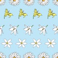 Vector blue background white yellow lemony floral seamless pattern. Daisies, Lilies. Seamless pattern background
