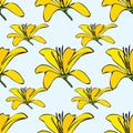 Vector blue background white yellow lemony floral seamless pattern. Daisies, Lilies, Crocus. Seamless pattern background