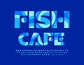 Vector blue banner Fish Cafe. Circle pattern Alphabet Letters, Numbers and Symbols. Creative unique Font