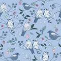 Vector blue birds leafs berries seamless pattern background.