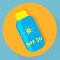 Vector blue bottle with sunscreen icon.