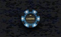 Vector blue casino poker chip with luminous light elements. Black silk hi-tech background. Blackjack or online casino web banner, Royalty Free Stock Photo