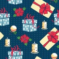 Vector blue Christmas gifts boxes and candles seamless repeat pattern background. Can be used for holiday giftwrap