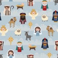 Vector Blue Christmas Nativity Characters Seamless Pattern Background