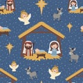 Vector Blue Christmas Nativity Scene Seamless Pattern Background Royalty Free Stock Photo