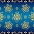 Vector blue Christmas pattern with golden snowflakes, dark red background Royalty Free Stock Photo