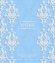 Vector Blue 3d Vintage Invitation Card with Floral Damask Pattern Royalty Free Stock Photo