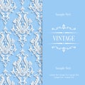 Vector Blue 3d Vintage Invitation Card Template with Floral Damask Pattern Royalty Free Stock Photo