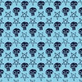 Vector blue dark skulls pentagram seamless pattern
