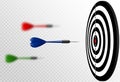 Vector blue dart arrows flying to target dartboard. Metaphor to target success, winner concept. Isolated on white transparent