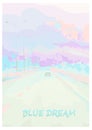 Vector blue dreamy illustration. Car rides on the highway. Beautiful pink and purple sunset or sunrise on the road.