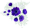 Vector, blue floral bouquet, anemones, forget-me-not, leaves. Wedding, invite card, festive flower arrangement