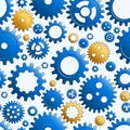 Vector Blue And Gold Mechanical Cogwheel Seamless Pattern. Gear And Cog Site Background. Collection Of Clockwork Gear Wheels