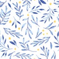 Vector Blue Gouache Textured Leaves and Berries Seamless Pattern