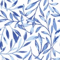 Vector Blue Gouache Textured Leaves Seamless Pattern