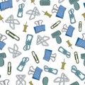 Vector Blue, Green and Gold Tacks and Clips on White Background Seamless Repeat Pattern. Background for textiles, cards Royalty Free Stock Photo