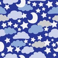 Vector Blue and Grey clouds with White stars, seamless clouds pattern background