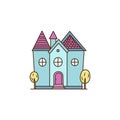 Vector blue house. Traditional architectural style exterior. Residential building facade. Flat style illustration