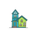 Vector blue house. Traditional architectural style exterior. Residential building facade. Flat style illustration