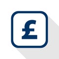 Vector blue icon pound with rounded corners and long shadow - symbol currency of great britain in flat design